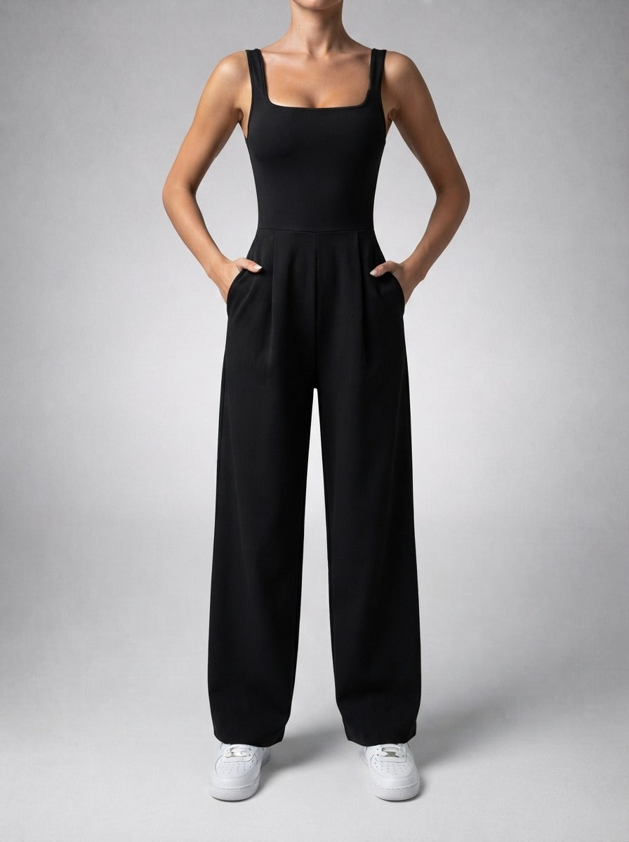 Women's Square Neck Wide Leg Jumpsuit with Pockets