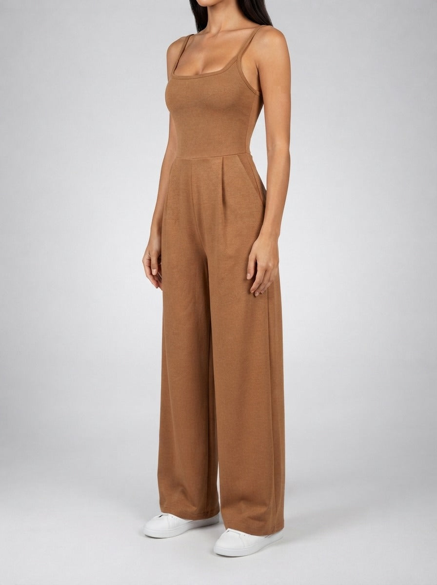 Women's Square Neck Wide Leg Jumpsuit with Pockets