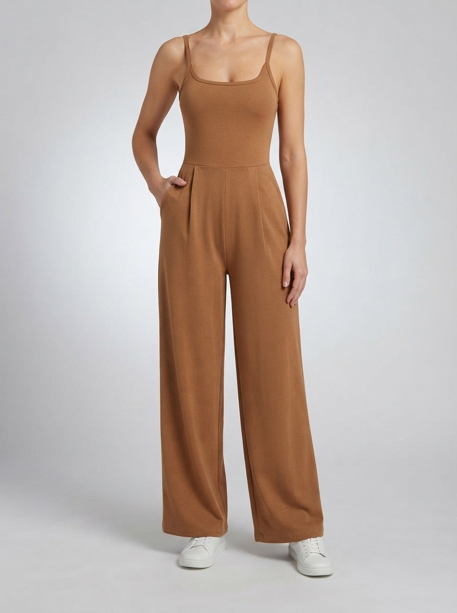 Women's Square Neck Wide Leg Jumpsuit with Pockets