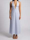 Women's Striped Halter Sleeveless Wedding Guest Maxi Dress with V-Neck