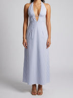 Women's Striped Halter Sleeveless Wedding Guest Maxi Dress with V-Neck
