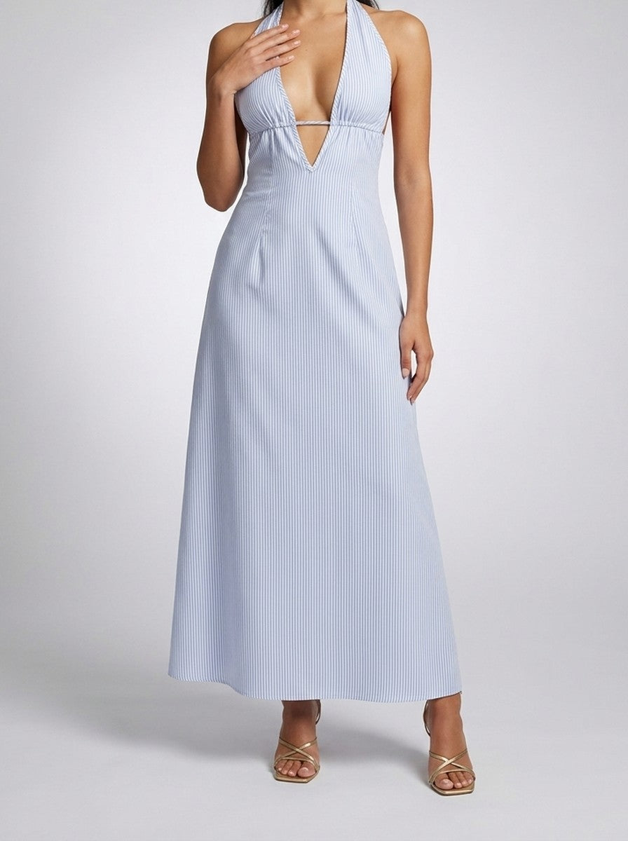 Women's Striped Halter Sleeveless Wedding Guest Maxi Dress with V-Neck