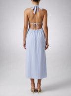 Women's Striped Halter Sleeveless Wedding Guest Maxi Dress with V-Neck