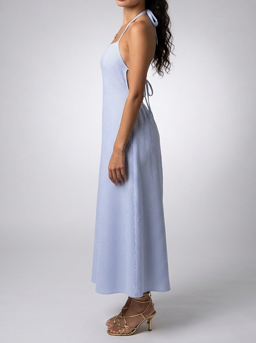 Women's Striped Halter Sleeveless Wedding Guest Maxi Dress with V-Neck