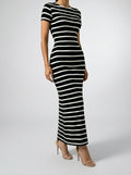 Women's Striped Short Sleeve Bodycon Occasion Maxi Dress with Crew Neck