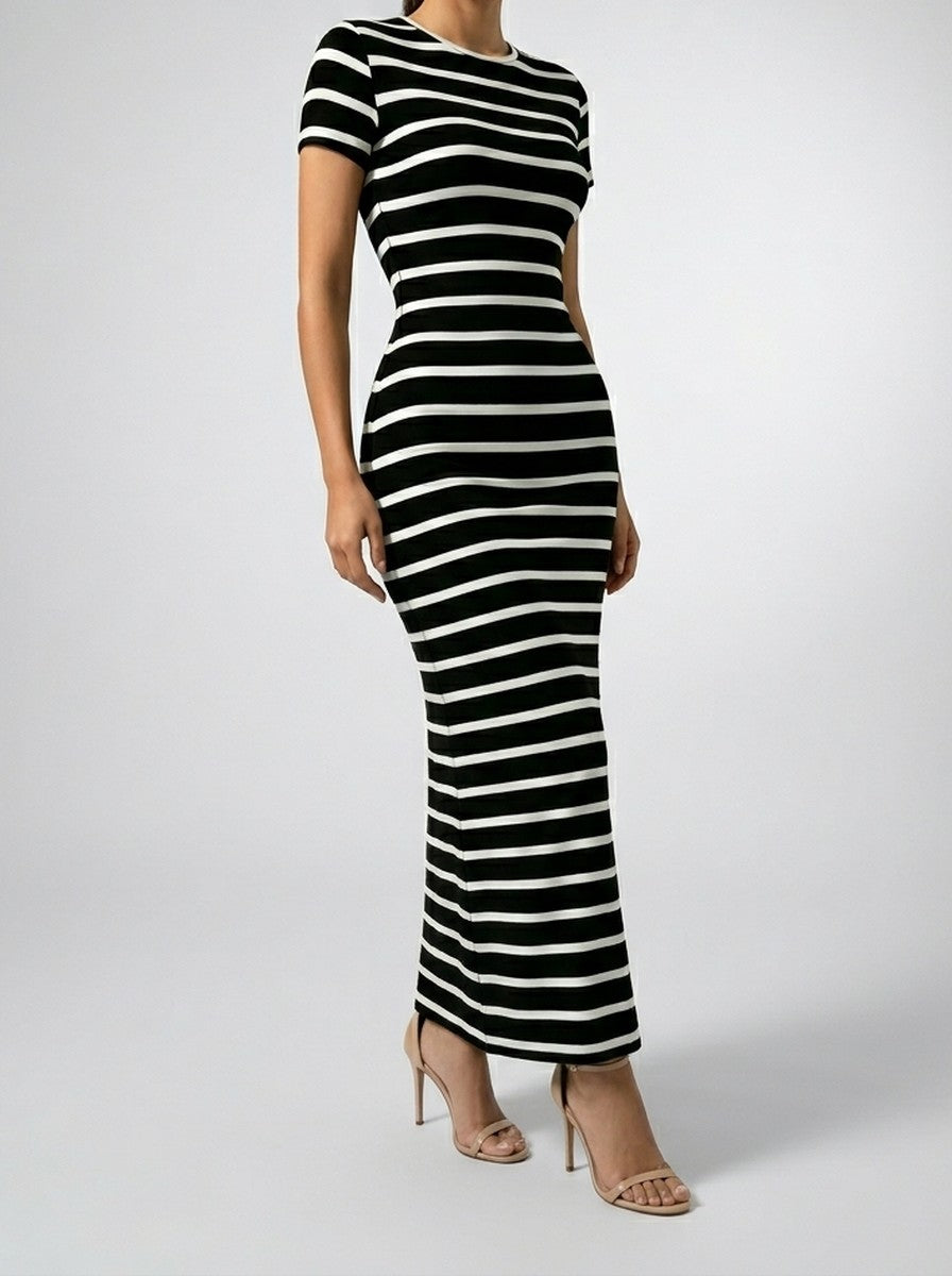 Women's Striped Short Sleeve Bodycon Occasion Maxi Dress with Crew Neck