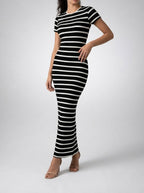 Women's Striped Short Sleeve Bodycon Occasion Maxi Dress with Crew Neck