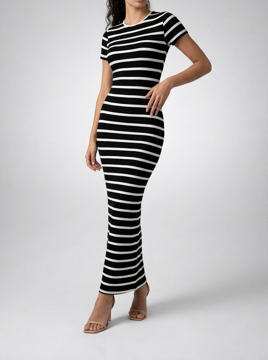 Women's Striped Short Sleeve Bodycon Occasion Maxi Dress with Crew Neck