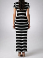 Women's Striped Short Sleeve Bodycon Occasion Maxi Dress with Crew Neck