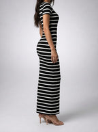Women's Striped Short Sleeve Bodycon Occasion Maxi Dress with Crew Neck