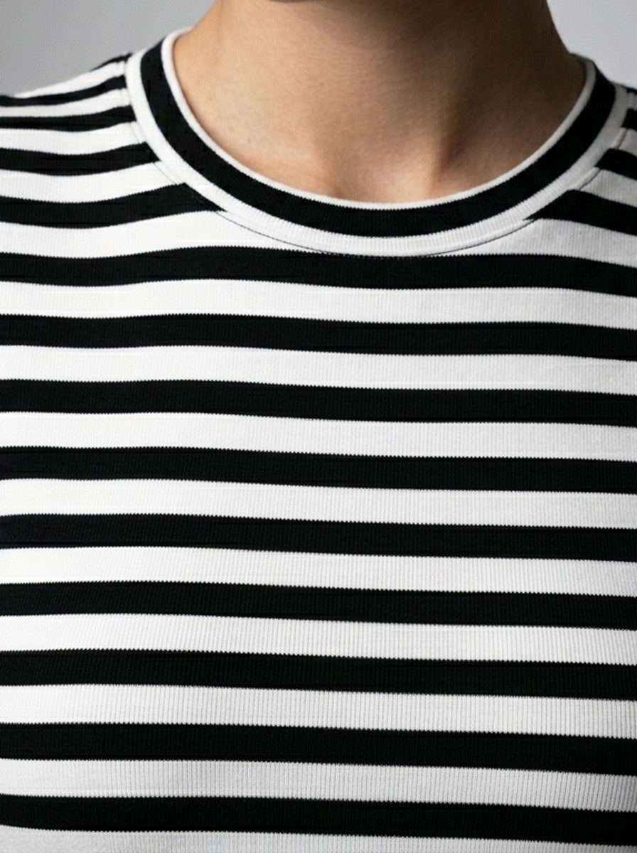 Women's Striped Short Sleeve Bodycon Occasion Maxi Dress with Crew Neck