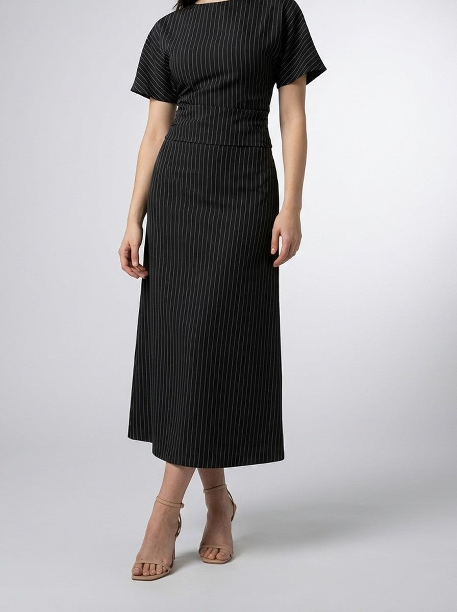 Women's Striped Short Sleeve Ruched Wedding Guest Maxi Dress with Boat Neck