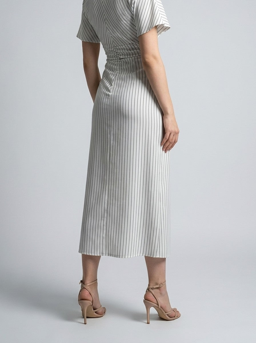 Women's Striped Short Sleeve Ruched Wedding Guest Maxi Dress with Boat Neck