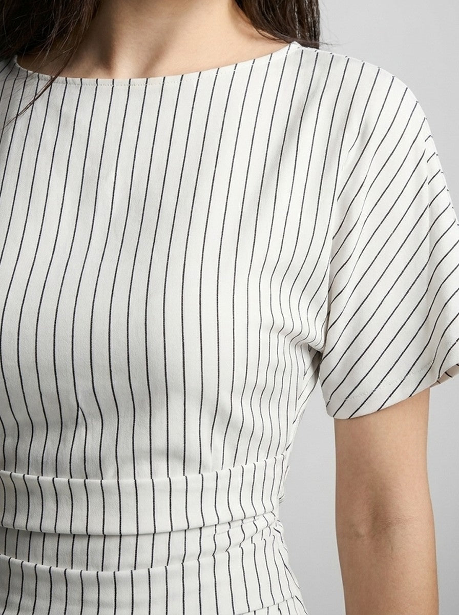 Women's Striped Short Sleeve Ruched Wedding Guest Maxi Dress with Boat Neck