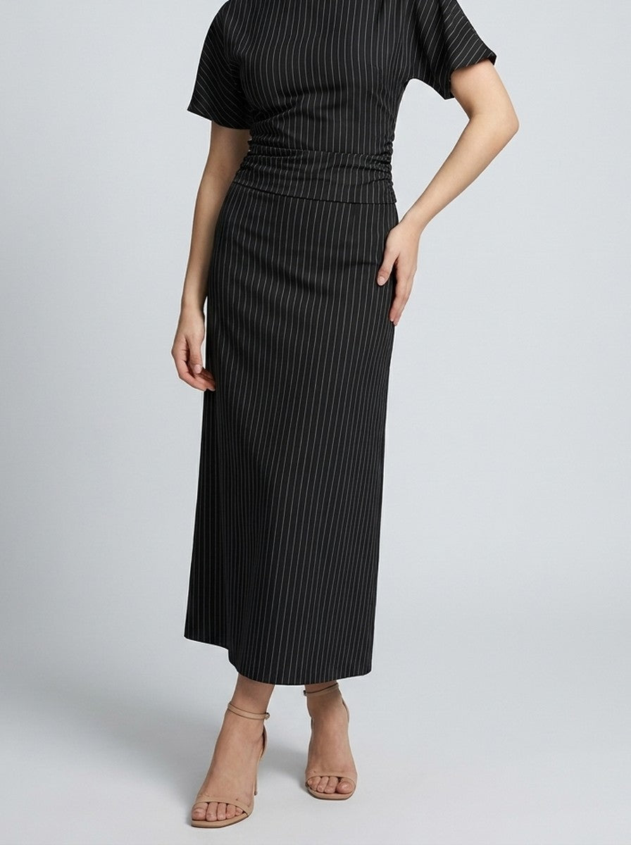 Women's Striped Short Sleeve Ruched Wedding Guest Maxi Dress with Boat Neck