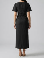 Women's Striped Short Sleeve Ruched Wedding Guest Maxi Dress with Boat Neck