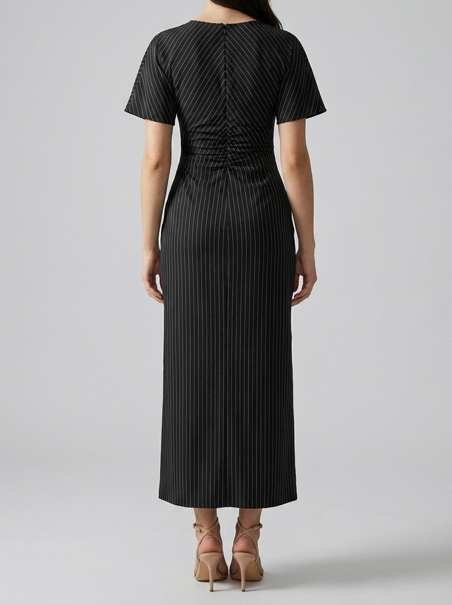 Women's Striped Short Sleeve Ruched Wedding Guest Maxi Dress with Boat Neck