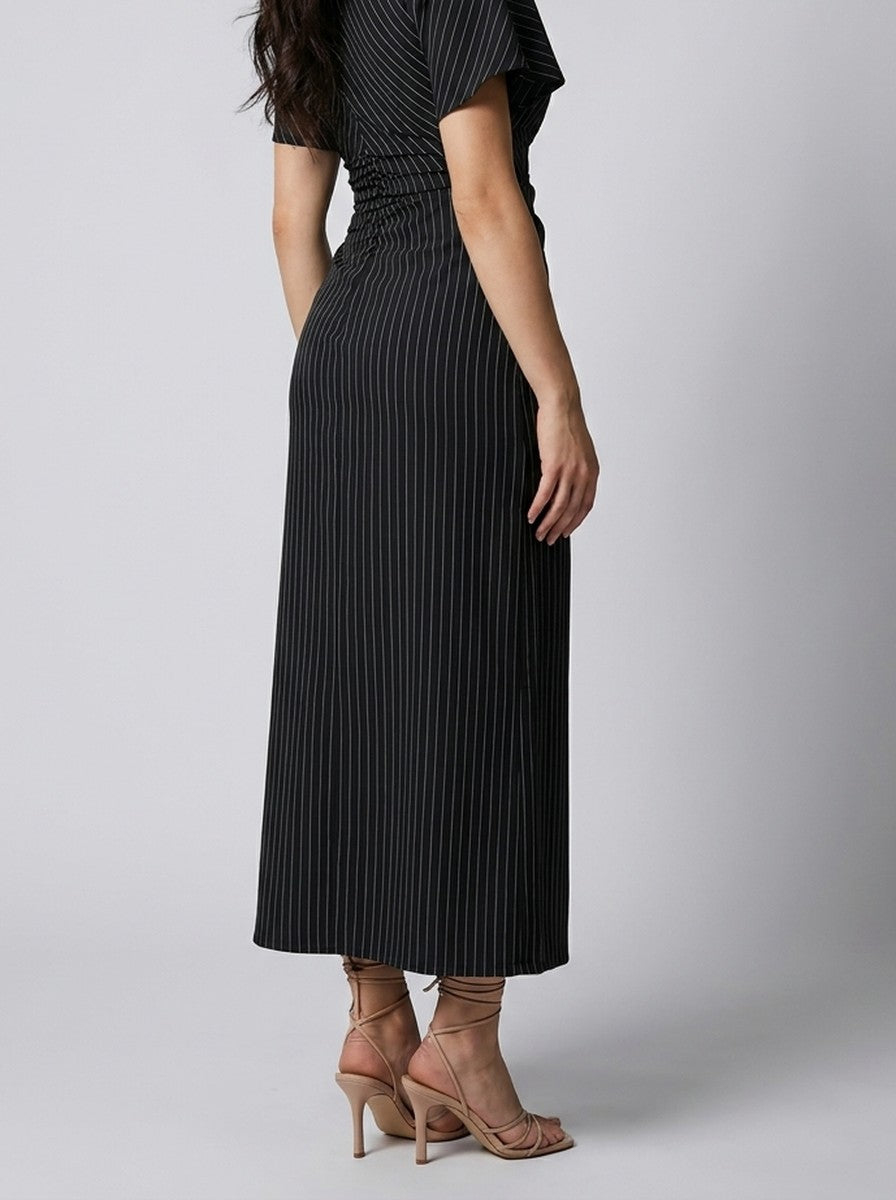 Women's Striped Short Sleeve Ruched Wedding Guest Maxi Dress with Boat Neck