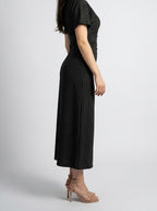 Women's Striped Short Sleeve Ruched Wedding Guest Maxi Dress with Boat Neck