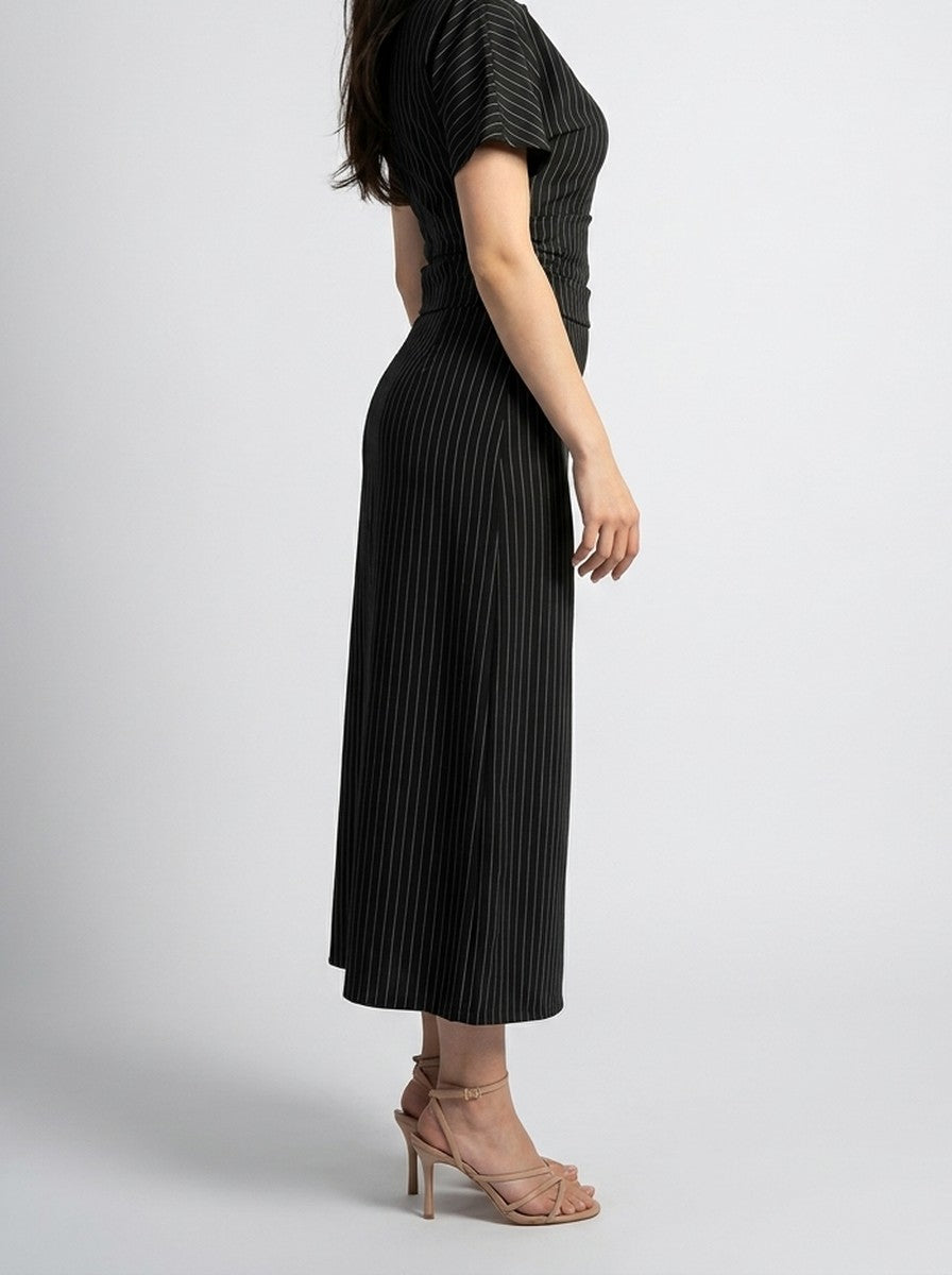 Women's Striped Short Sleeve Ruched Wedding Guest Maxi Dress with Boat Neck