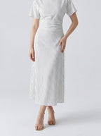 Women's Striped Short Sleeve Ruched Wedding Guest Maxi Dress with Boat Neck