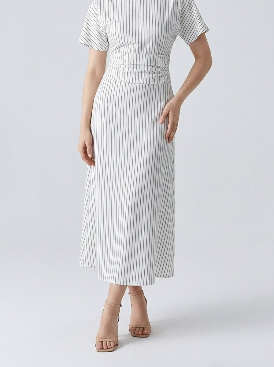 Women's Striped Short Sleeve Ruched Wedding Guest Maxi Dress with Boat Neck