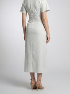 Women's Striped Short Sleeve Ruched Wedding Guest Maxi Dress with Boat Neck