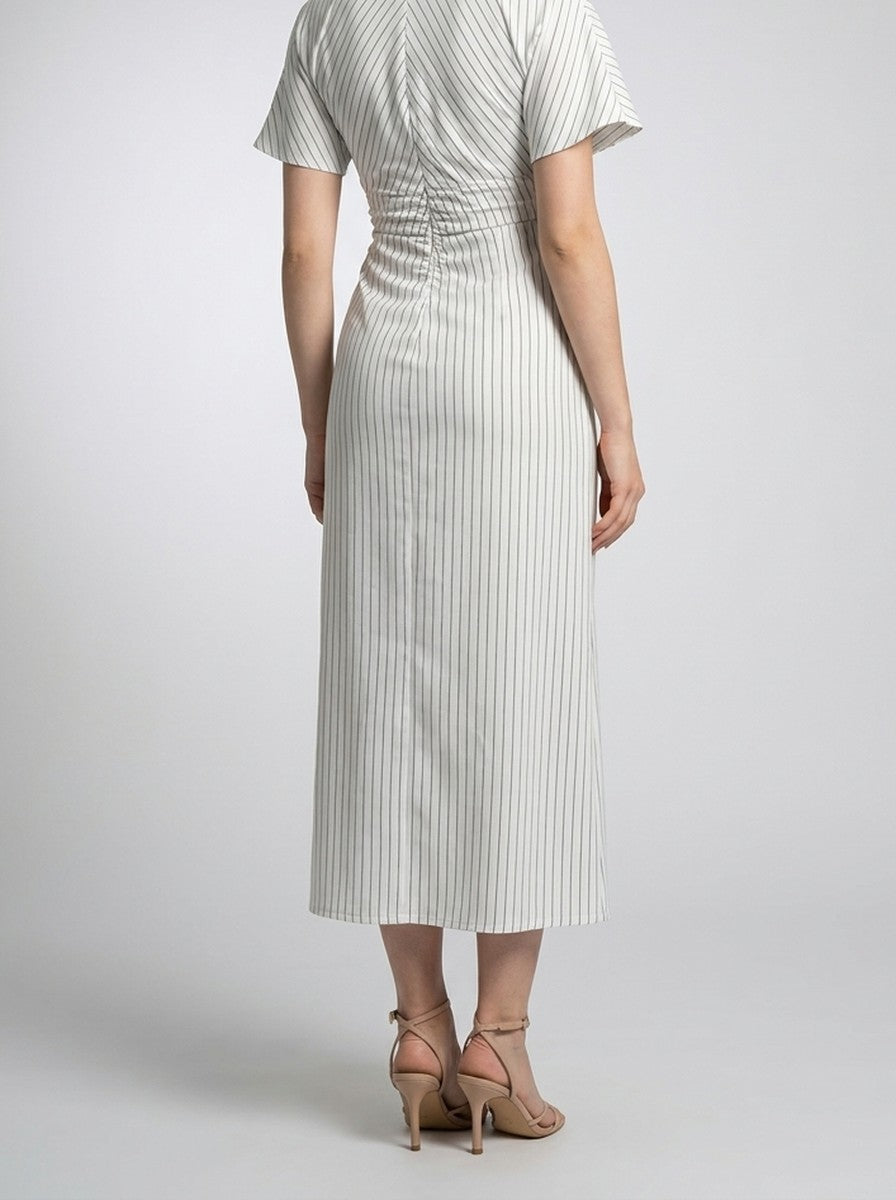 Women's Striped Short Sleeve Ruched Wedding Guest Maxi Dress with Boat Neck
