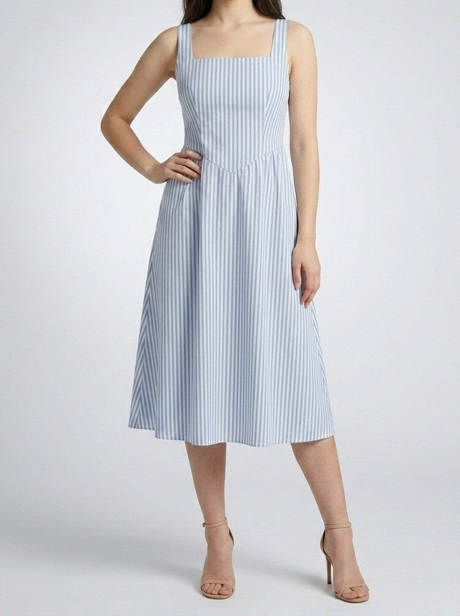 Women's Striped Square Neck Sleeveless Midi Dress