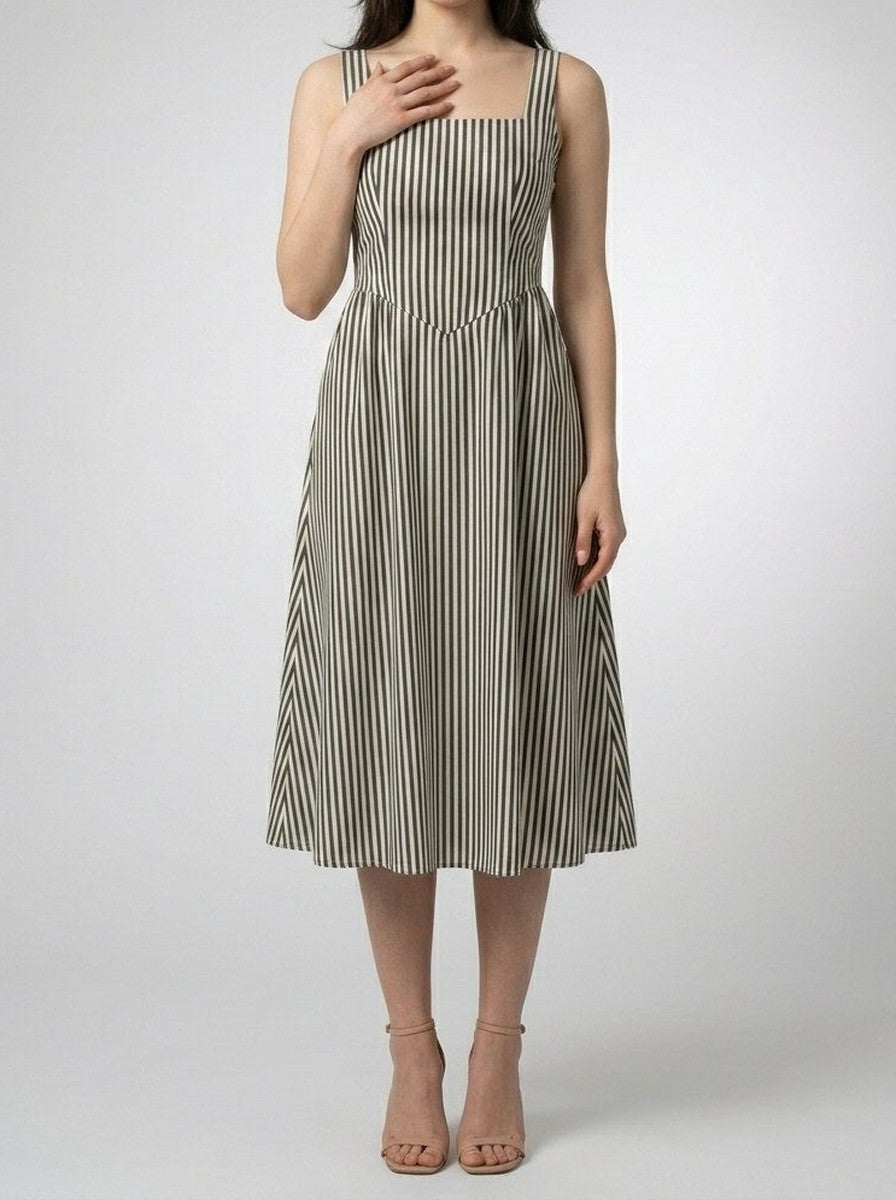 Women's Striped Square Neck Sleeveless Midi Dress