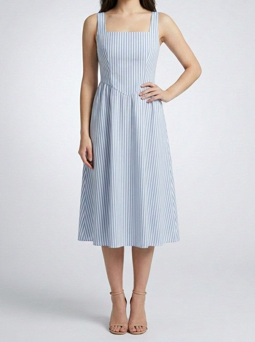 Women's Striped Square Neck Sleeveless Midi Dress
