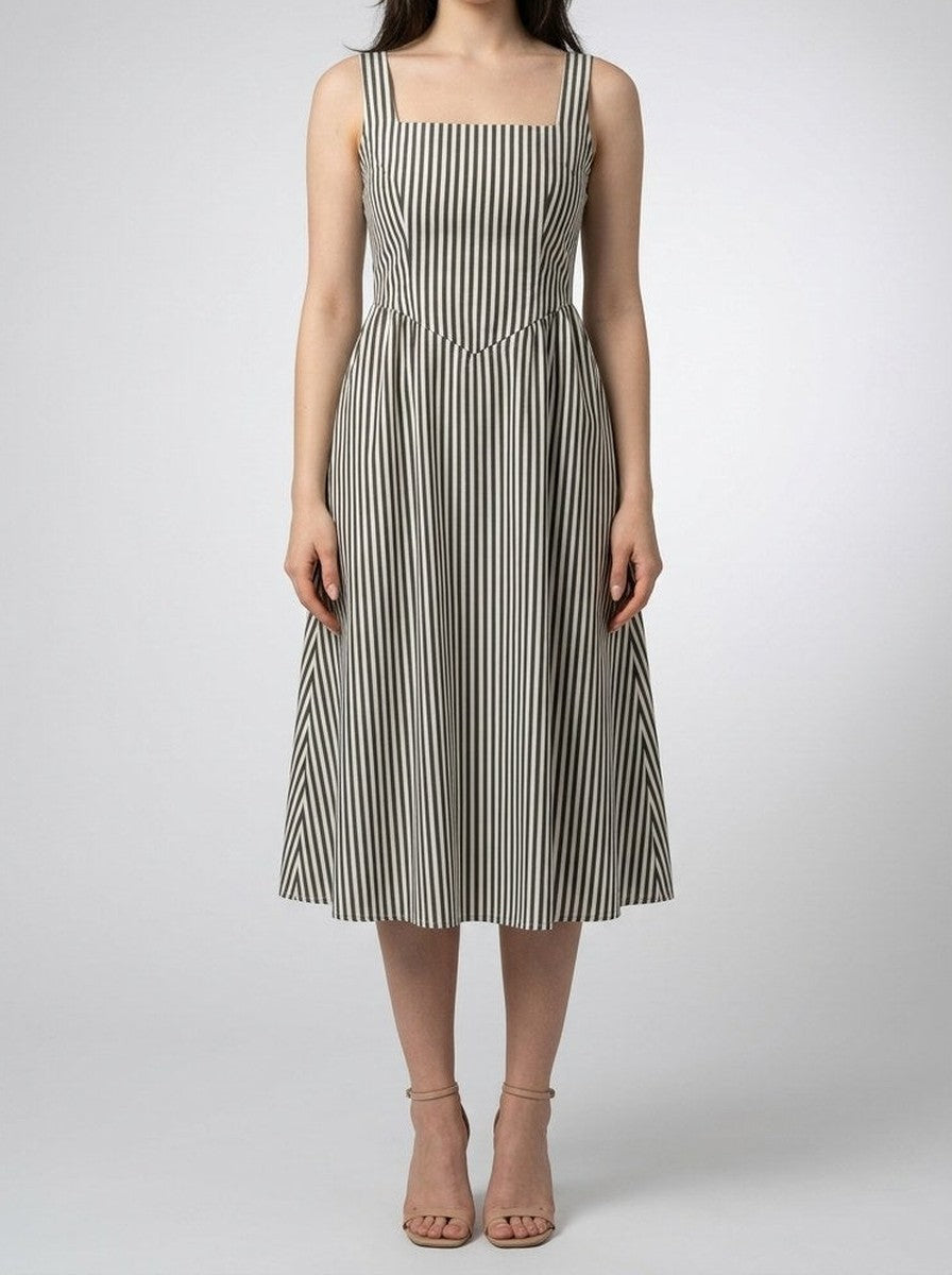 Women's Striped Square Neck Sleeveless Summer Midi Dress