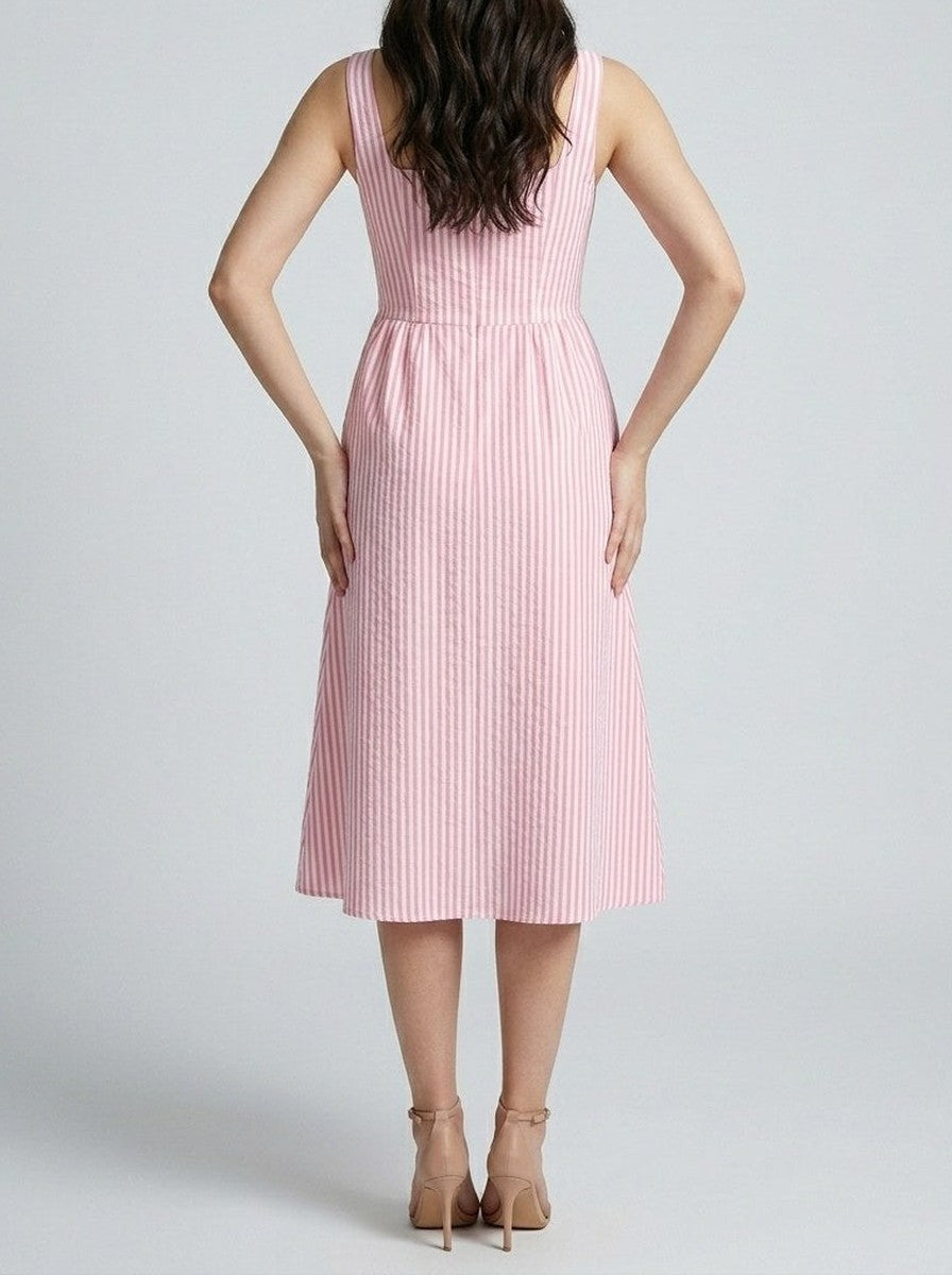 Women's Striped Square Neck Sleeveless Summer Midi Dress