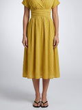 Women's Swiss Dot Short Sleeve Shirred Waist Midi Dress with V-Neck
