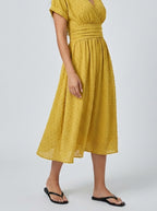 Women's Swiss Dot Short Sleeve Shirred Waist Midi Dress with V-Neck