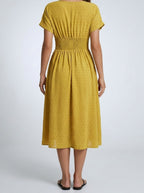 Women's Swiss Dot Short Sleeve Shirred Waist Midi Dress with V-Neck