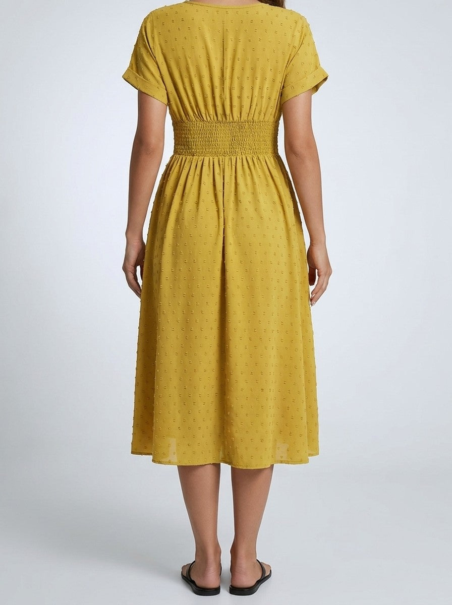 Women's Swiss Dot Short Sleeve Shirred Waist Midi Dress with V-Neck
