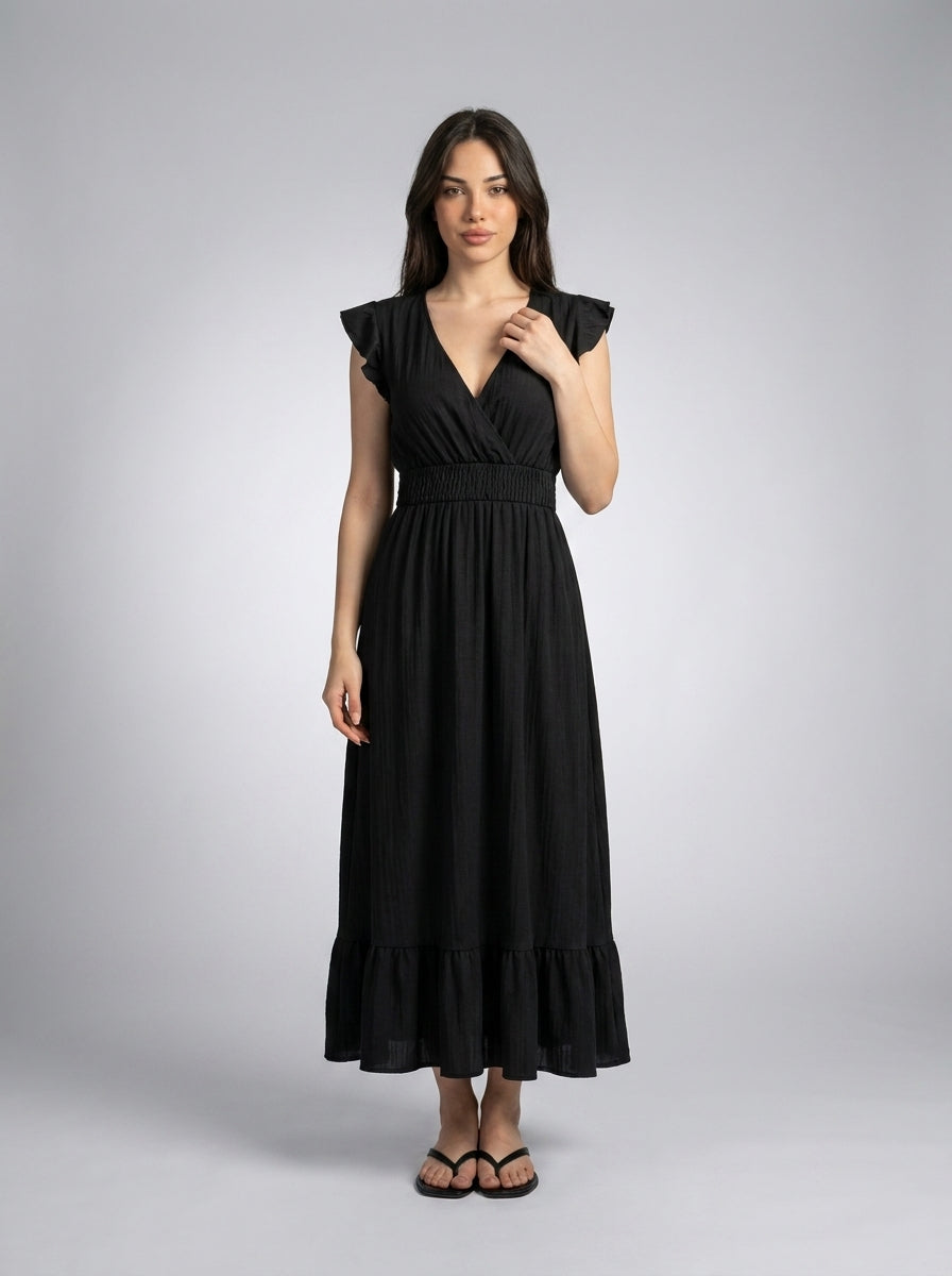 Women's V-Neck Ruffle Cap Sleeve Midi Dress