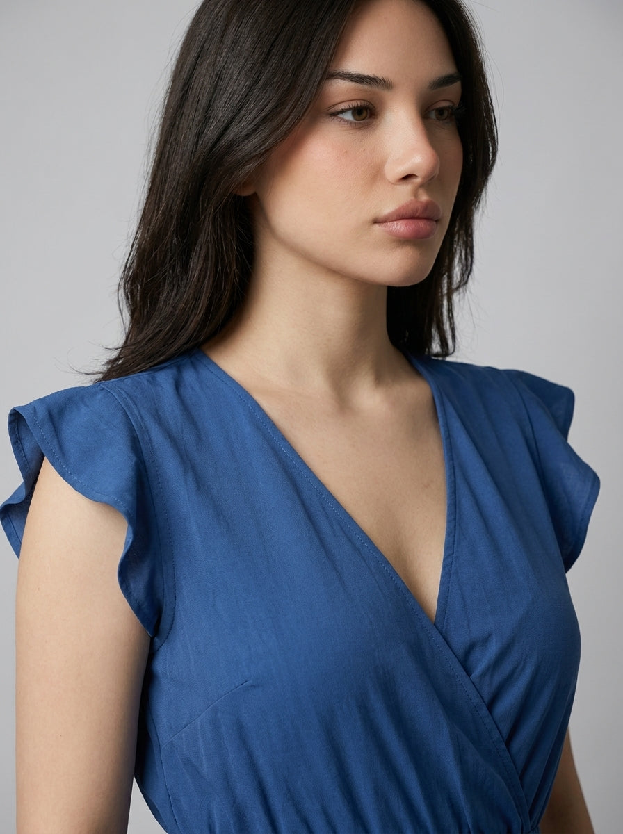 Women's V-Neck Ruffle Cap Sleeve Midi Dress