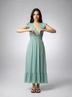Women's V-Neck Ruffle Cap Sleeve Midi Dress