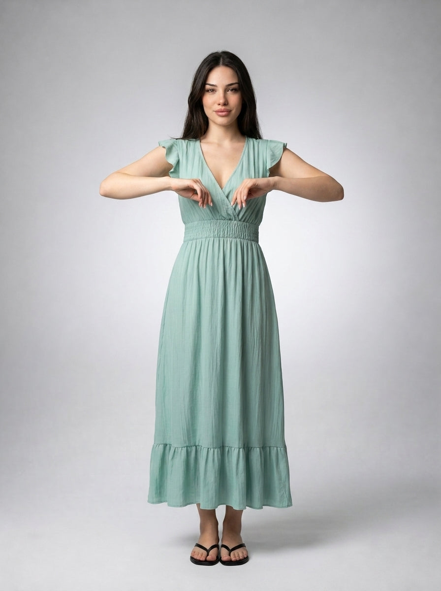 Women's V-Neck Ruffle Cap Sleeve Midi Dress