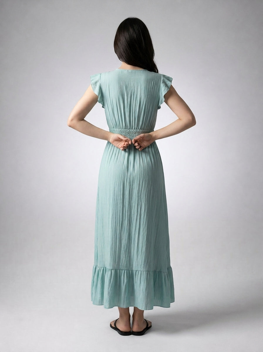 Women's V-Neck Ruffle Cap Sleeve Midi Dress