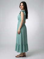 Women's V-Neck Ruffle Cap Sleeve Midi Dress