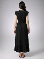 Women's V-Neck Ruffle Cap Sleeve Midi Dress