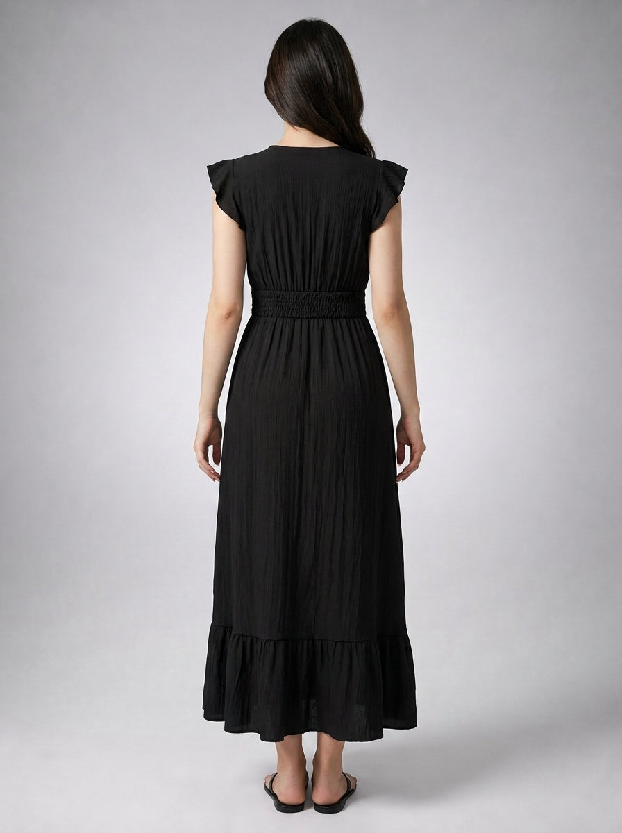 Women's V-Neck Ruffle Cap Sleeve Midi Dress