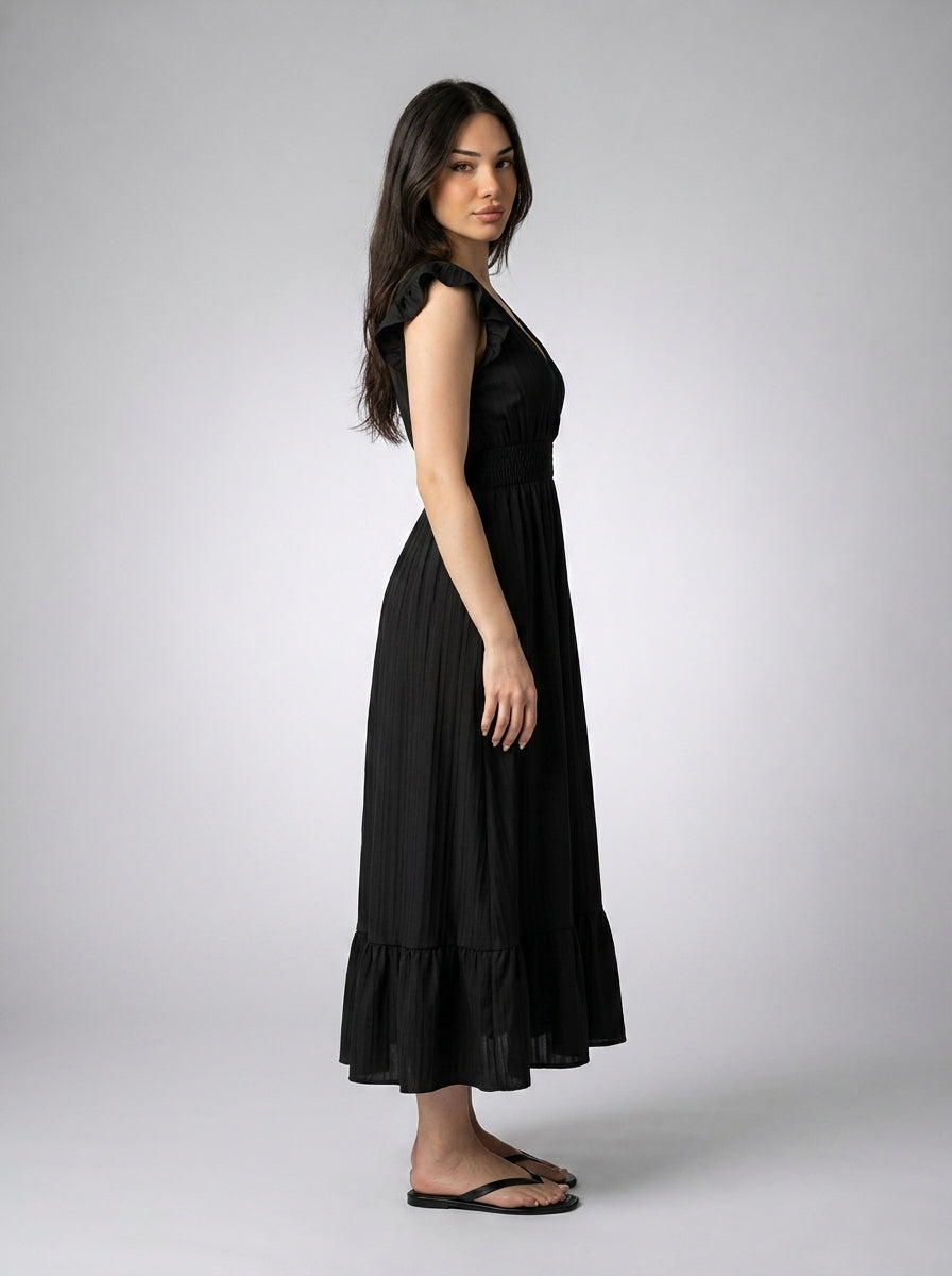 Women's V-Neck Ruffle Cap Sleeve Midi Dress