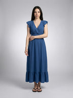 Women's V-Neck Ruffle Cap Sleeve Midi Dress