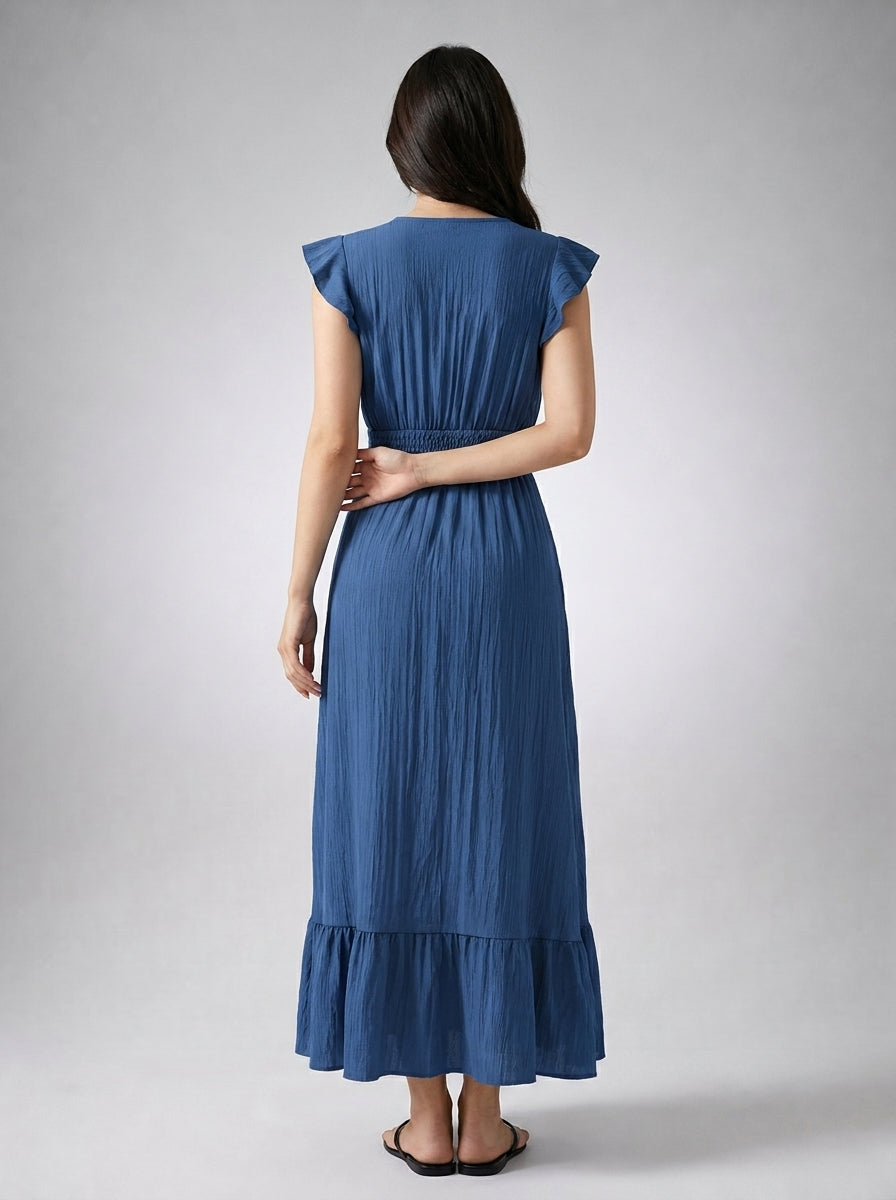 Women's V-Neck Ruffle Cap Sleeve Midi Dress