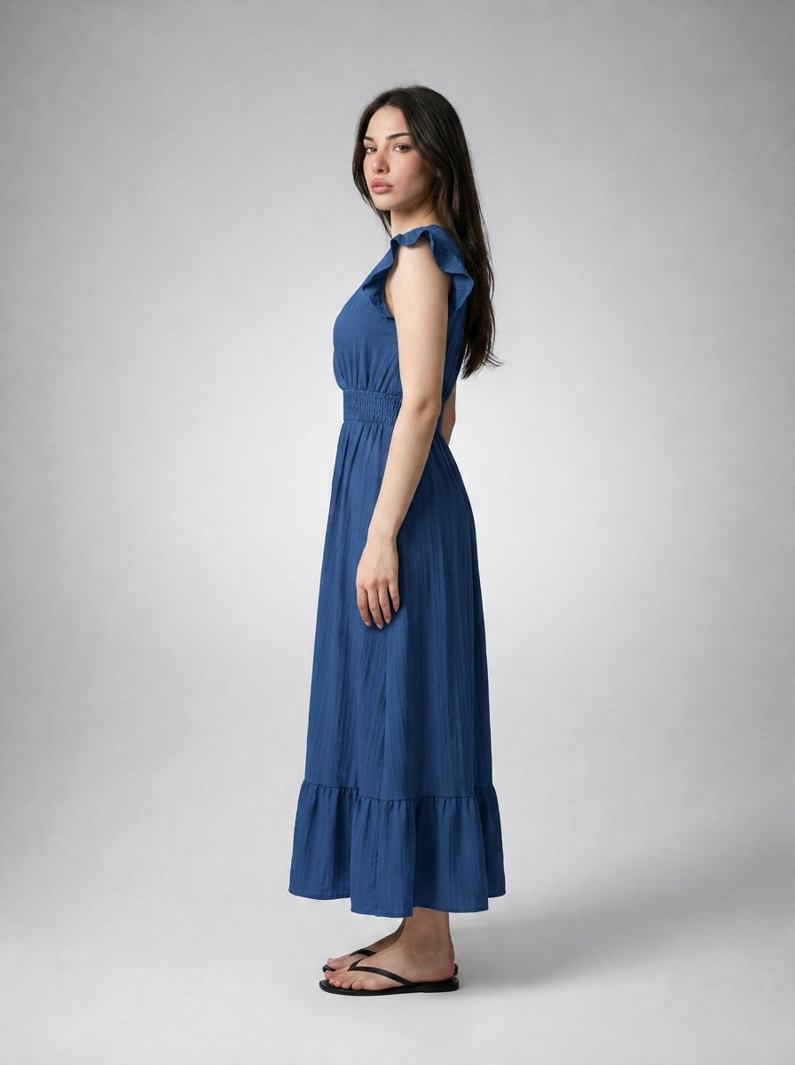 Women's V-Neck Ruffle Cap Sleeve Midi Dress