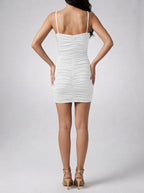 Women's V-Neck Spaghetti Strap Ruched Bodycon Cocktail Wedding Guest Mini Dress